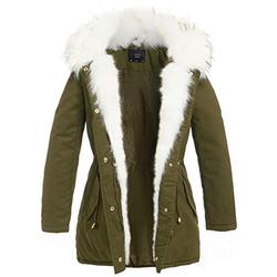 SS7 Women's Faux White Fur Parka Coat, Sizes 8 to 16 (UK - 14, Khaki)