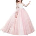 Flower Girls Dress for Wedding Lace Applique Embroidered Kids Princess First Communion Party Bridesmaid Floor Length Layered Pink Floral 8-9 Years