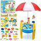 The Magic Toy Shop Sand and Water Play Table with Parasol and Accessories Garden Sandpit Play Set