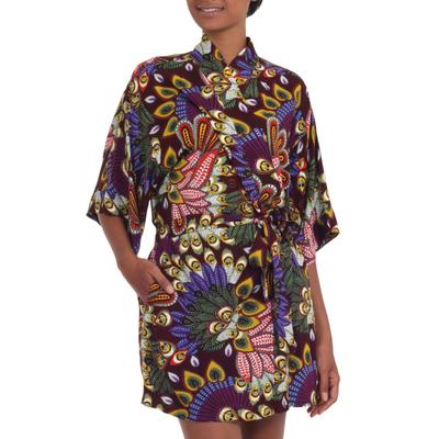 Jungle Groove,'Multicolored Floral Rayon Robe in Rosewood from Indonesia'