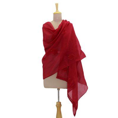 Crimson Romance,'Cotton and Silk Blend Hand Embroidered Shawl in Crimson'