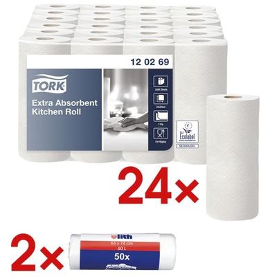 Tork Küchenrollen 2-lagig, 24 Rollen (12 Pack à 2Rollen) inkl. 100 (2 Rollen à 50 Stü weiß, 22.7 cm