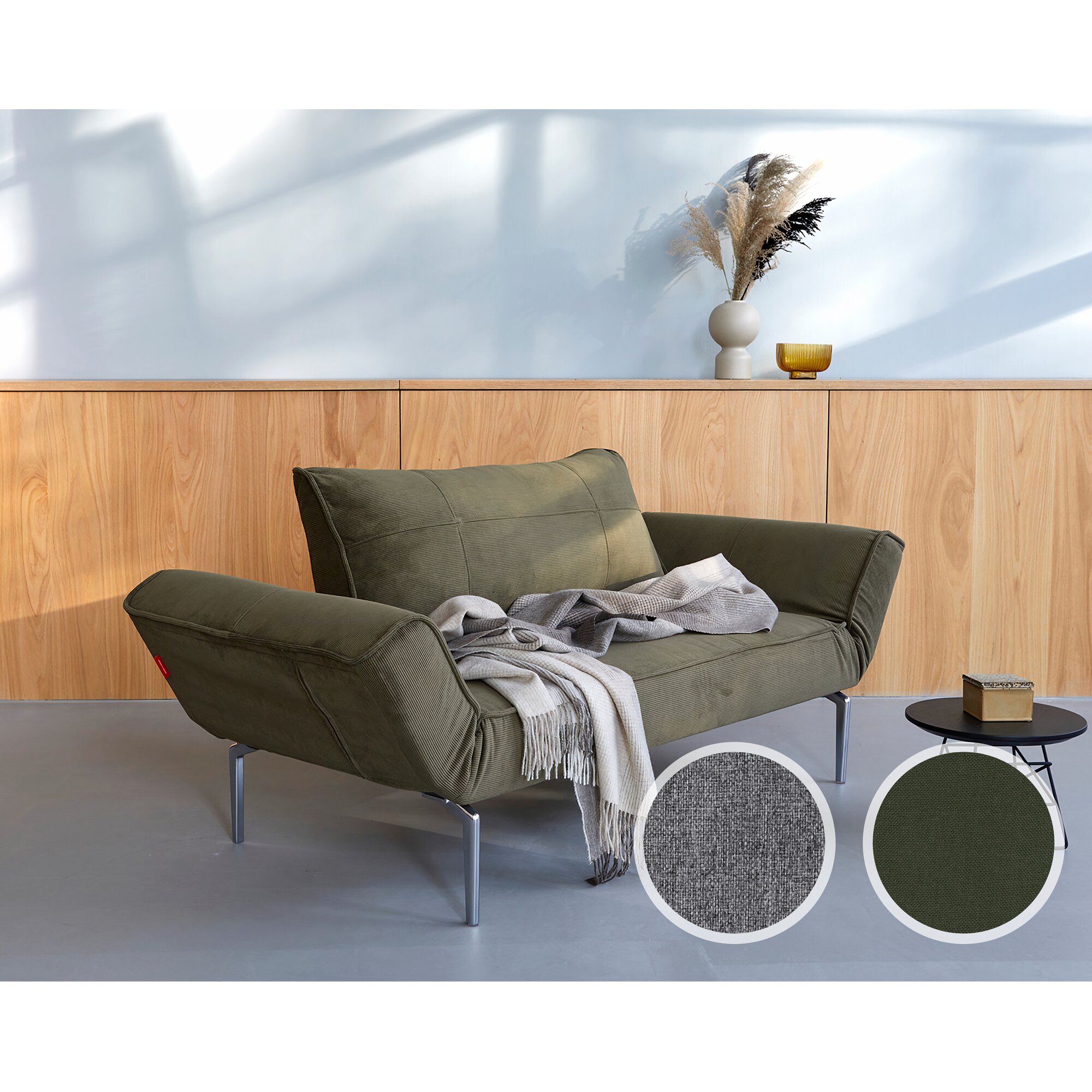Innovation »ZEAL« Design-Sofa 216 Flashtex Dark Grey / Stem helles Holz