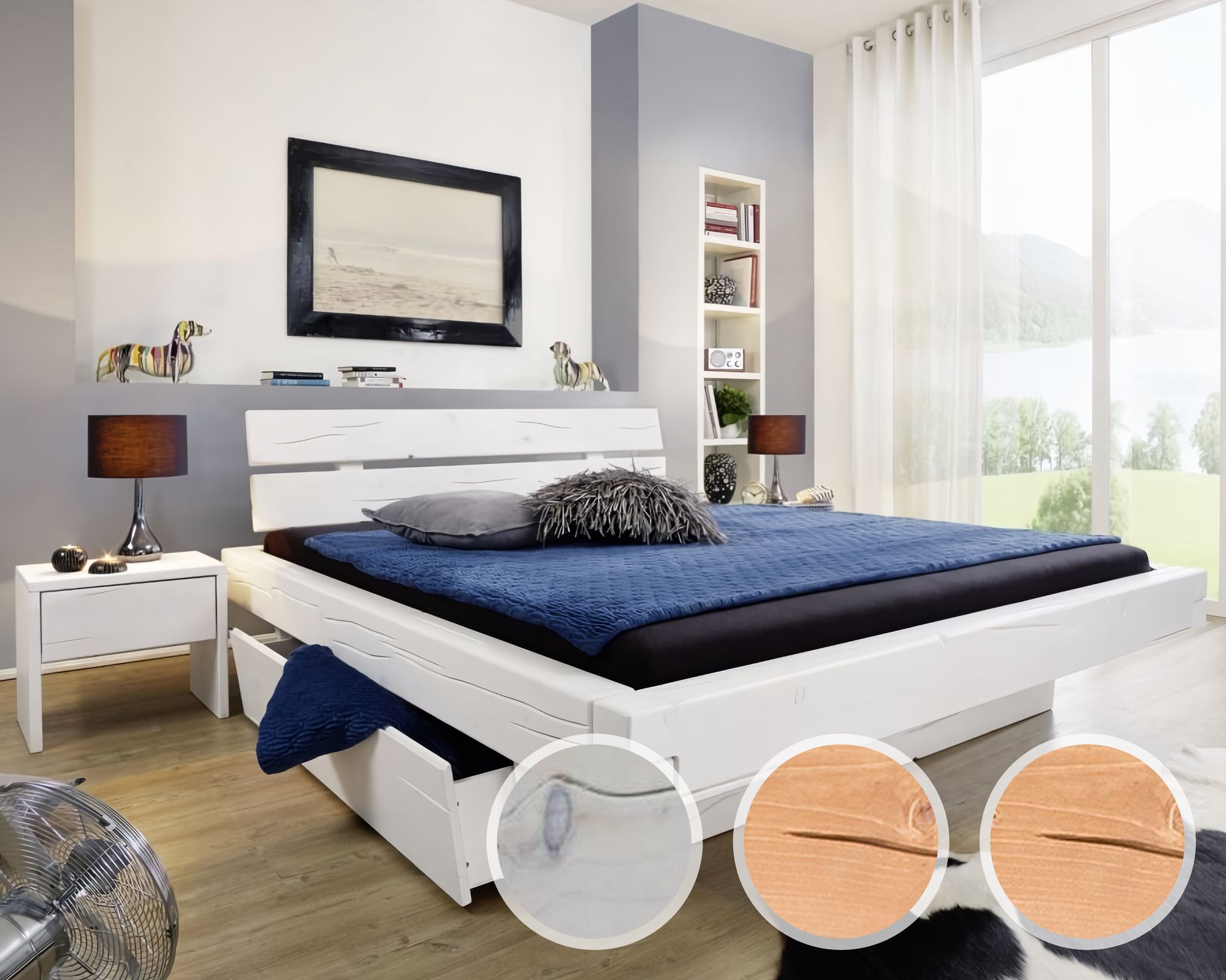 3S Frankenmöbel »Hover« Massivholz Balkenbett BE-0285 / 160x200 cm / Weiss lasiert / mit 2 Schubkästen