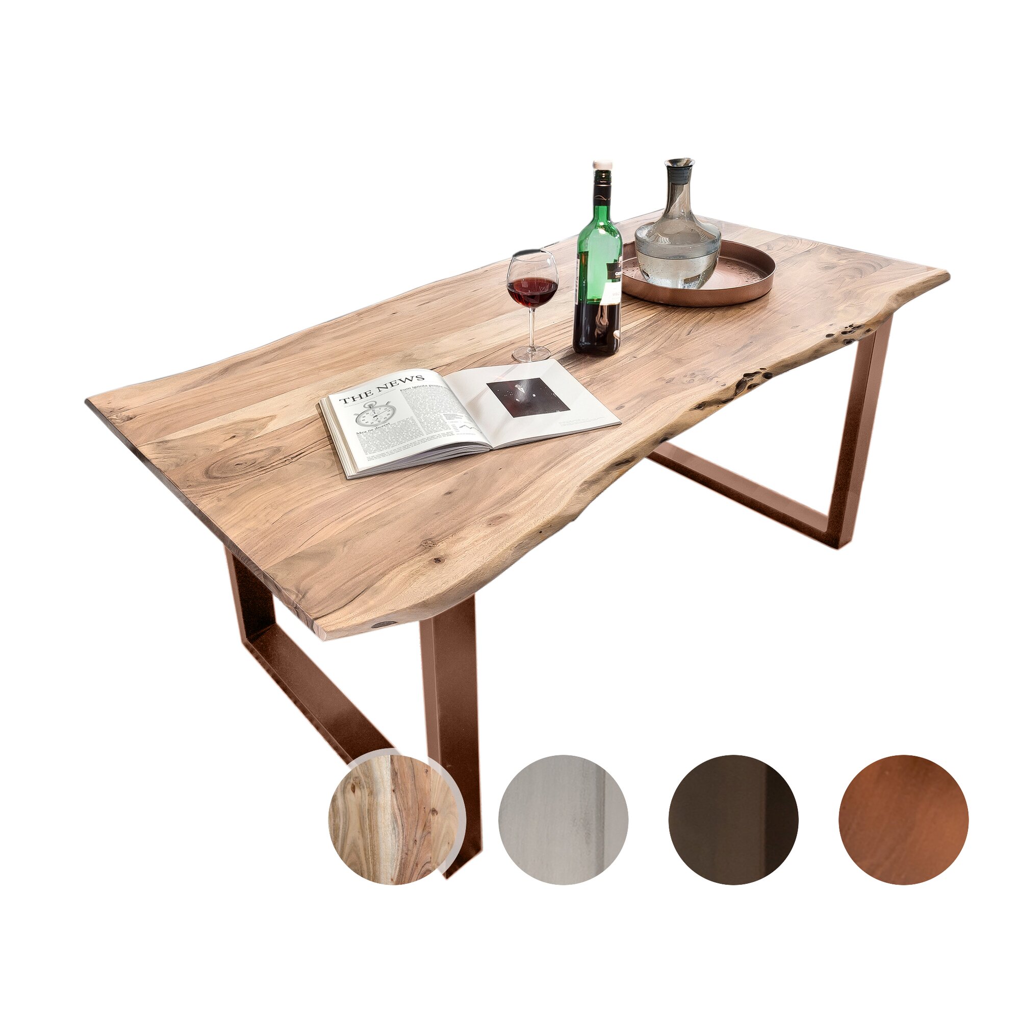 SIT Tops & Tables »Slim« Esstisch Massivholz Akazie Baumkante 160x85 cm / Eisen antiksilber