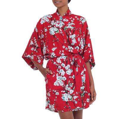 Holy Jasmine,'Floral Rayon Robe in Candy Apple and Ivory from Indonesia'