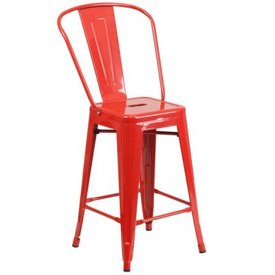 Flash Furniture CH-31320-24GB-RED-GG 24" Red Galvanized Steel Counter Height Stool with Vertical Slat Back and Drain Hole Seat