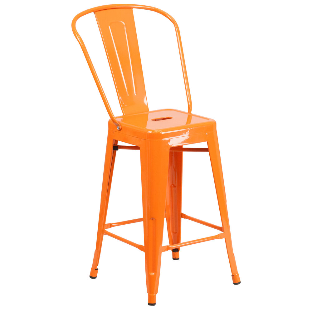 "Flash Furniture CH-31320-24GB-OR-GG 24"" Orange Galvanized Steel Counter Height Stool with Vertical Slat Back and Drain Hole Seat"