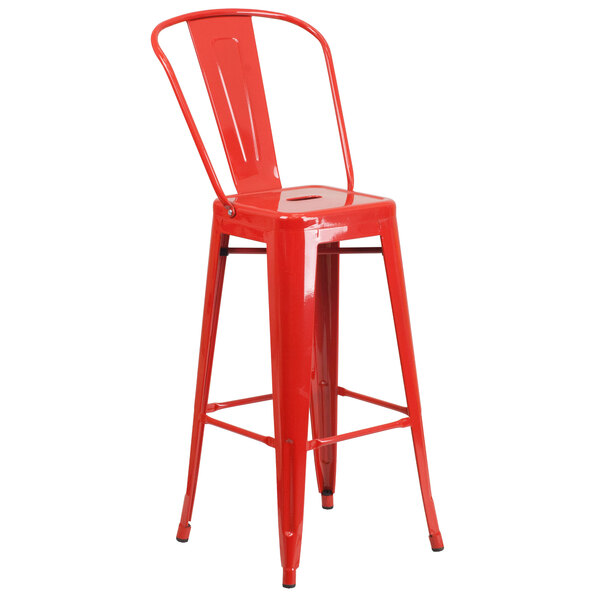 Flash Furniture CH-31320-30GB-RED-GG 30" Red Galvanized Steel Bar Height Stool with Vertical Slat Back and Drain Hole Seat