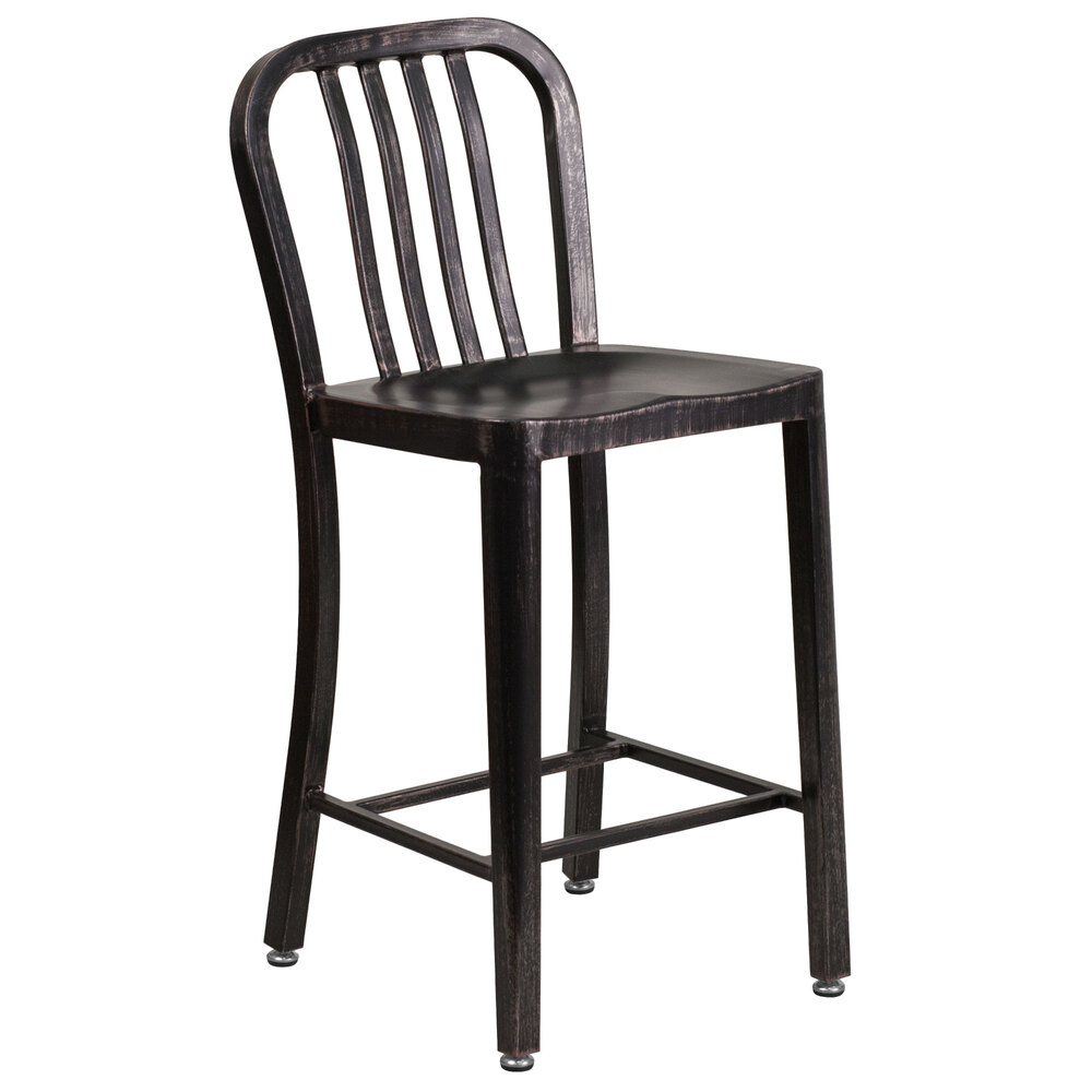 "Flash Furniture CH-61200-24-BQ-GG 24"" Black-Antique Gold Metal Indoor / Outdoor Counter Height Stool with Vertical Slat Back"