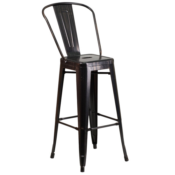 "Flash Furniture CH-31320-30GB-BQ-GG 30"" Black-Antique Gold Metal Indoor / Outdoor Bar Height Stool with Vertical Slat Back and Drain Hole Seat"
