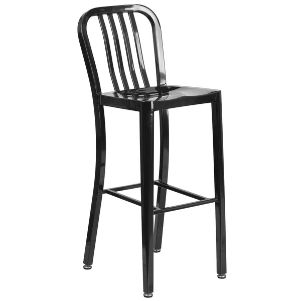 "Flash Furniture CH-61200-30-BK-GG 30"" Black Metal Indoor / Outdoor Bar Height Stool with Vertical Slat Back"