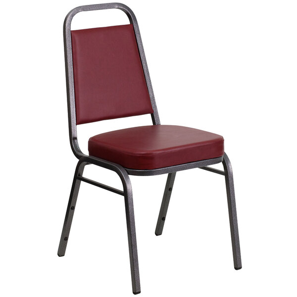 Flash Furniture FD-BHF-1-SILVERVEIN-BY-GG Hercules Burgundy Vinyl Trapezoidal Back Stackable Banquet Chair with Silver Vein Frame and 2 1/2" Thick Cushion