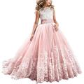 Flower Girls First Communion Dress Lace Kids Princess Wedding Bridesmaid Floor Length Layered Puffy Tulle Dresses Pageant Formal Evening Long Maxi Prom Party Ball Gown 001 Pink#2 6-7 Years