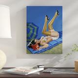 East Urban Home 'Mid-Century Pin-Ups Wink Magazine Merry Mirthful Maiden' Print on Wrapped Canvas in Blue | 16 H x 12 W x 1.5 D in | Wayfair
