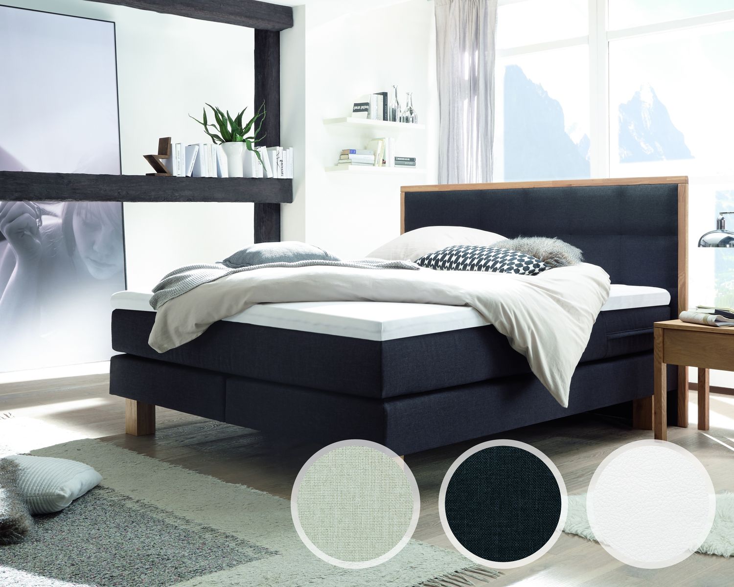 Hasena Boxspringbett Pronto Cottage 160x200 cm / Pepe anthrazit 328 / Eiche massiv bianco / Base-Top