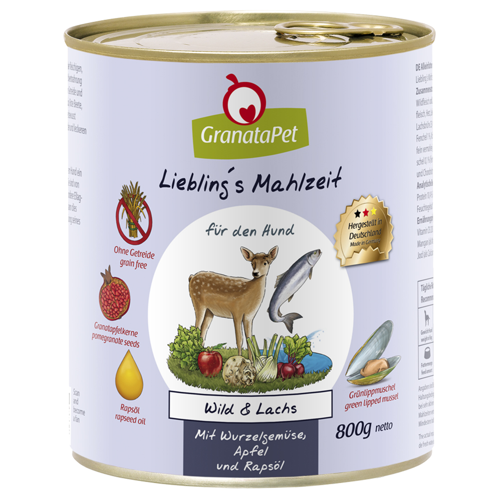 GranataPet 24 x 800 g Alimento umido per cane - Adult Selvaggina & Salmone con Radici, Finocchio, Mela e Olio di colza
