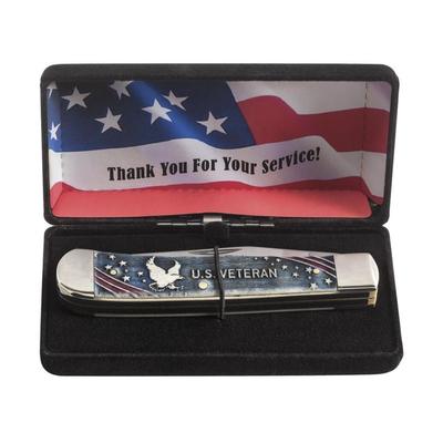 Case U.S. Veteran Gift Set - Embellished Smooth Natural Bone w/Blue and Red Color Wash Traper Blade 6254 SS in Velvet Box 16300