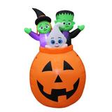 The Holiday Aisle® Pumpkin Basket w/ Baby Ghost, Witch & Monster Yard Halloween Inflatable Polyester in Orange | 60 H x 37 W x 32 D in | Wayfair