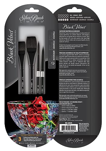 Silver Brush Limited WC-3202S Black Velvet Professional Set, Set of 4 Brushes, Square Wash Size 3/4 Inch and 1 Inch, Script Liner Size 8, and Round Size 8