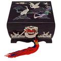 Mother of Pearl Music Bird Design Black Wooden Women Jewellery Mirror Trinket Keepsake Treasure Gift Musical Asian Lacquer Watch Ring Box Case Chest Organizer with Crane and Pine Tree