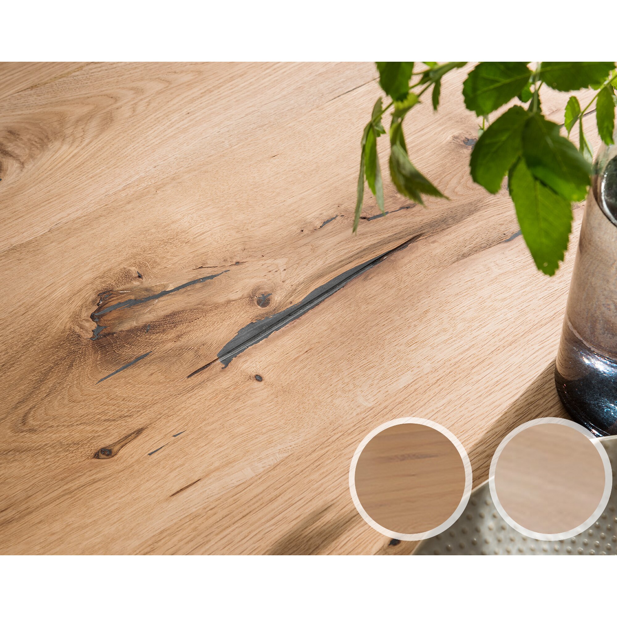 Massivholz »Tabula Rasa« Tischplatte Baumkante 4 cm / aufgedoppelt / 180x100 cm / Wildeiche White-wash