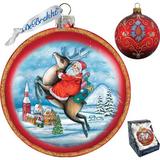 The Holiday Aisle® Reindeer Santa Glass Ornament Holiday Splendor Collection Glass in Blue/Red | 3.5 H x 3 W x 1 D in | Wayfair