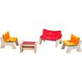 HABA 303840 - Little Friends – Puppenhaus-Möbel Wohnzimmer , Mit Sofa, Tischchen und 2 Sesseln , Passend für alle Little Friends-Puppenhäuser, 30.5 x 17 x 7 cm