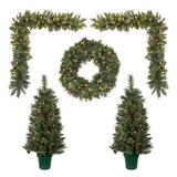 Vickerman 573709 - Artificial Lit Potted Christmas Tree, Lit Wreath, Lit Garland Front Door Set (Set of 5) Christmas Tree Set (D188433)