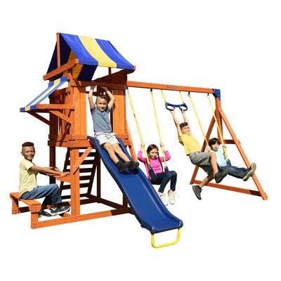 Sportspower kids Sunnyslope en Swing Set w/ Lifetime Warranty on 6' Double Wall Slide en in Blue/Brown/Orange | 96 H x 153.6 W x 119.4 D in | Wayfair