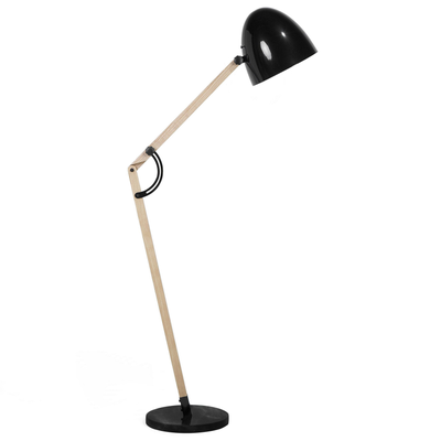 Stehlampe Schwarz Metall 175 cm Arm und Schirm verstallbar Holzgestell Marmorfuß langes Kabel mit Schalter Industrie Des