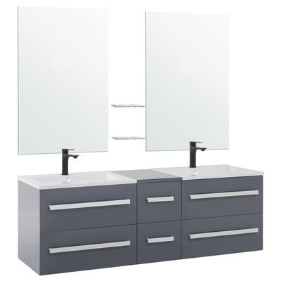 Badmöbel Grau MDF Platte Spanplatte SMC-Kunststoff 48 x 150 x 45 cm Modern Elegant Multifunktional 2 Spiegel 2 Waschbeck