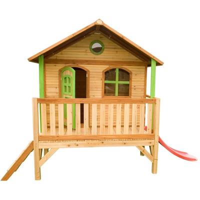 Spielhaus Stef mit roter Rutsche Stelzenhaus in Braun & Grün aus fsc Holz für Kinder Spielturm für