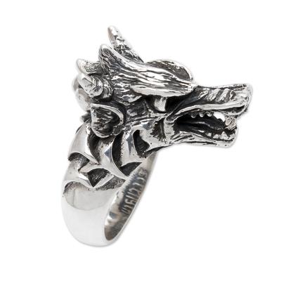 Men's sterling silver and garnet ring, 'Dragon Wolf'