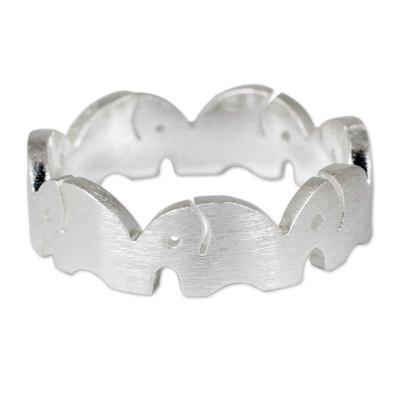 Sterling silver band ring, 'Elephant Party'