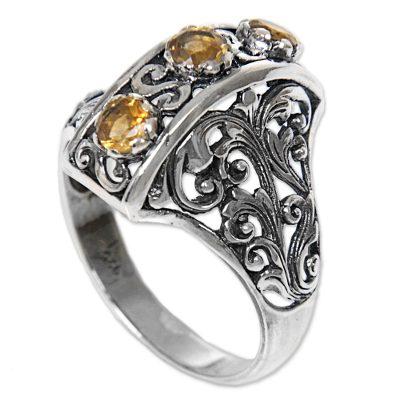 Golden Triad,'Citrine and Sterling Silver Ring Hand Crafted in Indonesia'