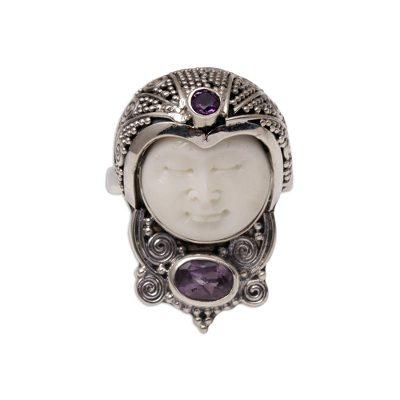 Celuk Prince,'Amethyst and Carved Bone Sterling Silver Celuk Cocktail Ring'