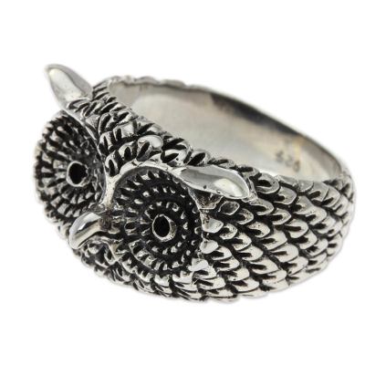 Sterling silver cocktail ring, 'Watchful Owl'