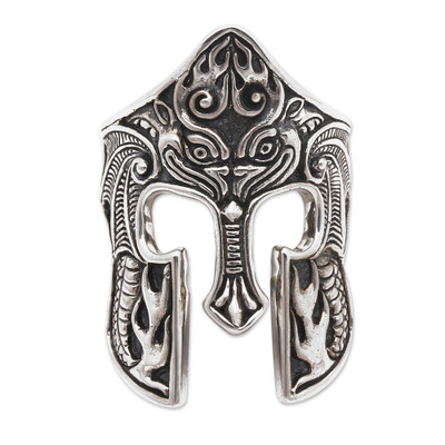 Brawijaya Mask,'Sterling Silver Men's Dragon Balinese Warrior Ring'