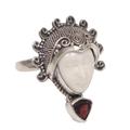 Saraswati Face in Red,'Garnet Sterling Silver Bone Cocktail Ring from Indonesia'