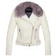 Womens PU Leather Bomber Jackets, Detachable Fur Collar Casual Zipped Coat Fleece Lined Thick Jacket Outwear with Adjustable Waist White