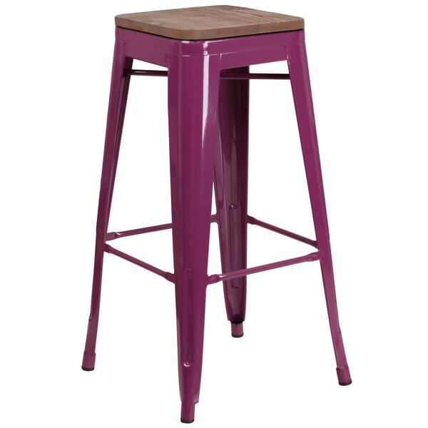 Flash Furniture ET-BT3503-30-PUR-WD-GG 30" Purple Stackable Metal Backless Bar Height Stool with Square Wood Seat