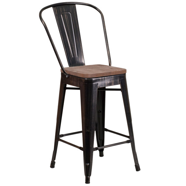 Flash Furniture CH-31320-24GB-BQ-WD-GG 24" Black-Antique Gold Metal Counter Height Stool with Vertical Slat Back and Wood Seat