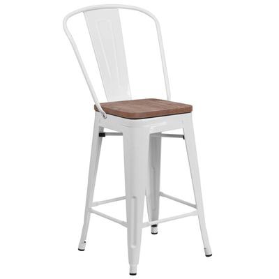 Flash Furniture CH-31320-24GB-WH-WD-GG 24" White Metal Counter Height Stool with Vertical Slat Back and Wood Seat