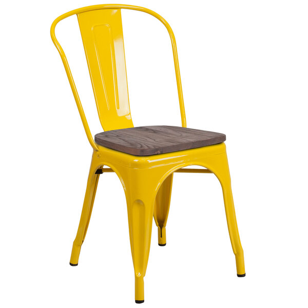 Flash Furniture CH-31230-YL-WD-GG Yellow Stackable Metal Chair with Vertical Slat Back and Wood Seat