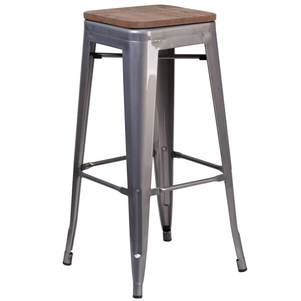 Flash Furniture XU-DG-TP0004-30-WD-GG 30" Clear Coated Stackable Metal Backless Bar Height Stool with Square Wood Seat