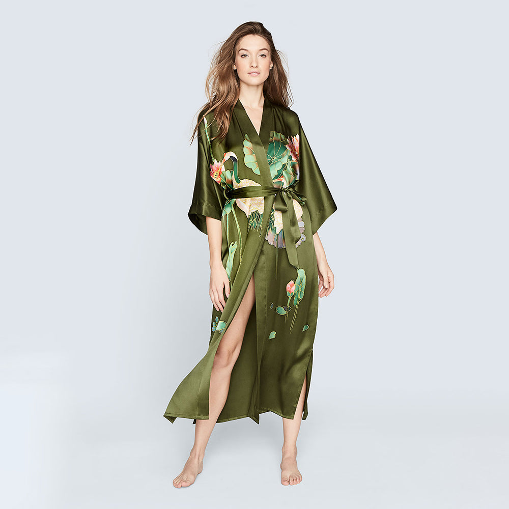 KIM+ONO Kimono Robe | Silk Handpainted Crane Long Kimono Robe | Silk | Olive | Long