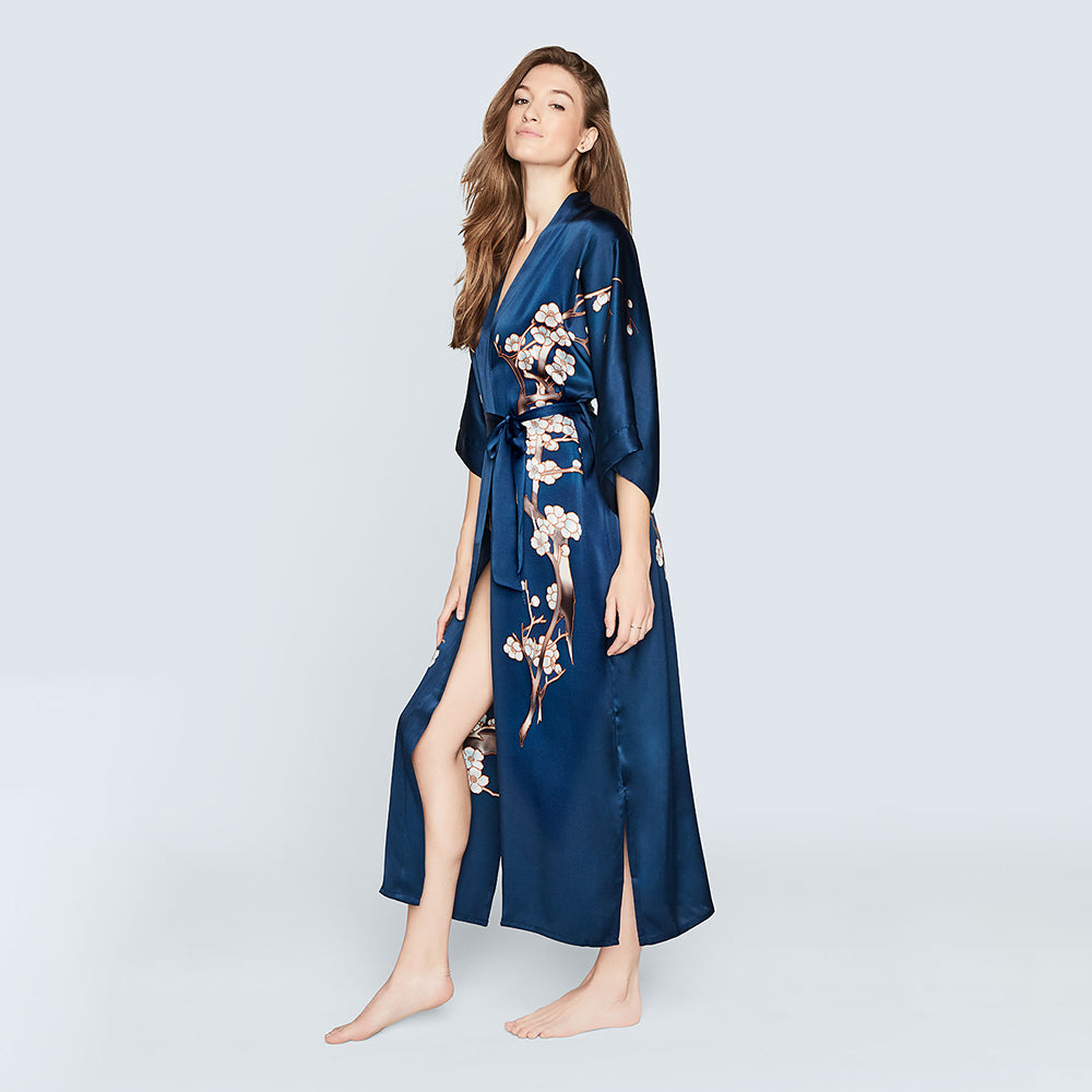 KIM+ONO Kimono Robe | Silk Handpainted Cherry Blossom Long Kimono Robe | Silk | Ink | Long