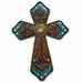 Fleur De Lis Living Polyresin Leather Ornate Cross w/ Turquoise & Gold Flower Accent Hanging Wall Cross Décor in Brown | 8.6 H x 6 W in | Wayfair