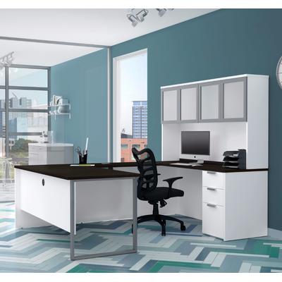 Pro-Concept Plus U-Desk w/ Frosted Glass Door Hutch in White & Deep Grey - Bestar 110890-17